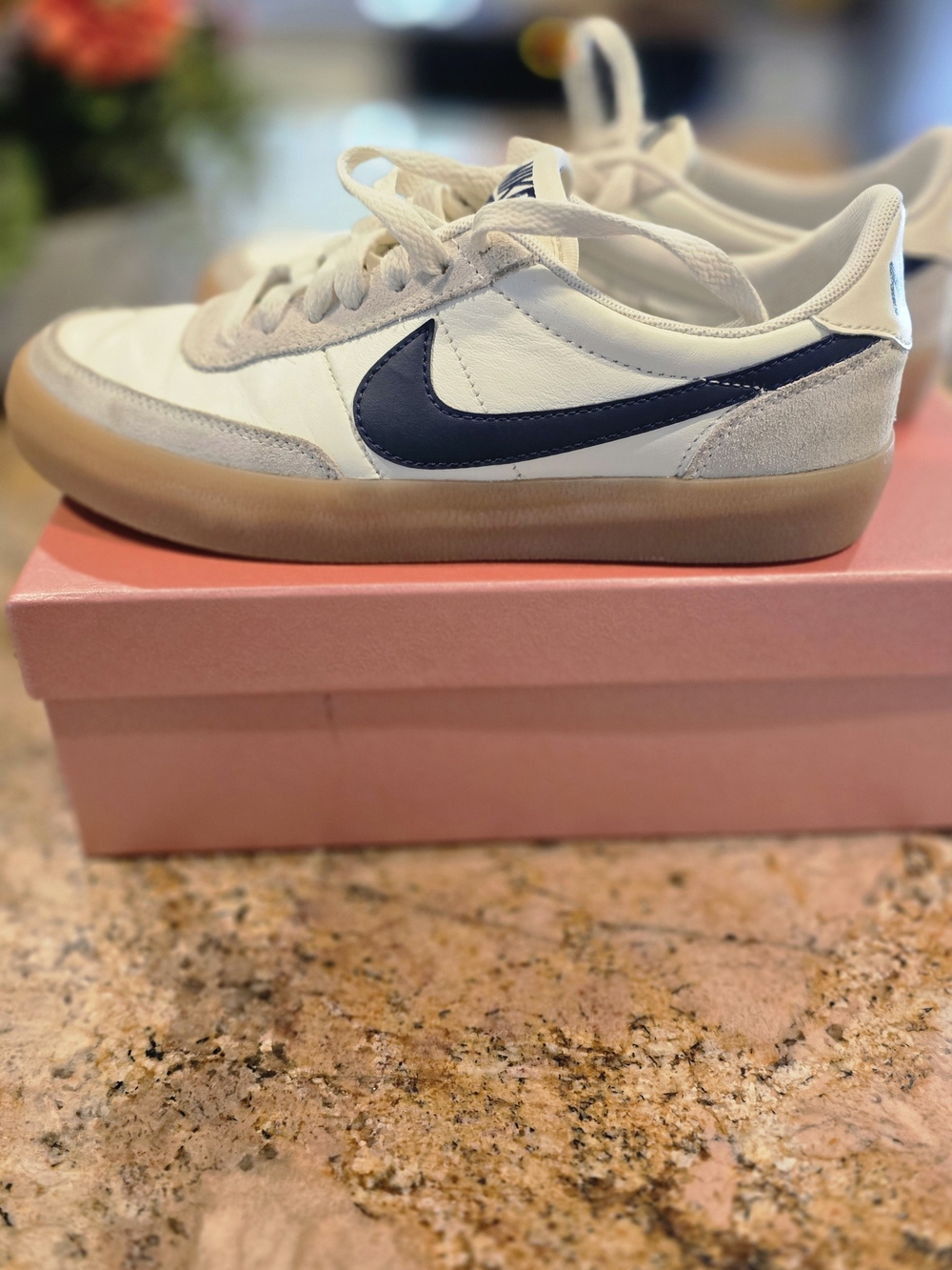 Nike Womens White Sneakers with Navy Swoosh and Gum Sole